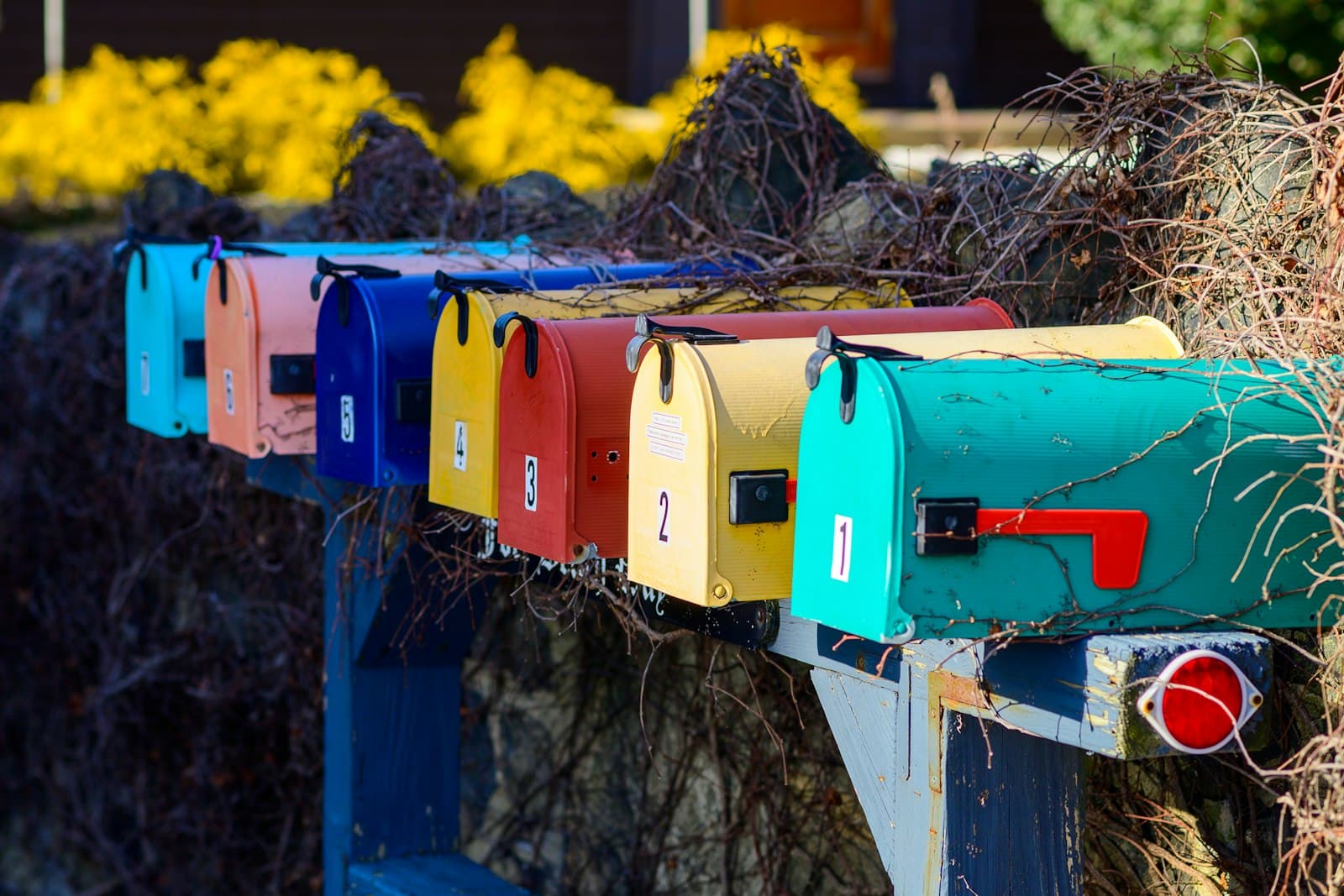Row of mailboxes mounted on a wall